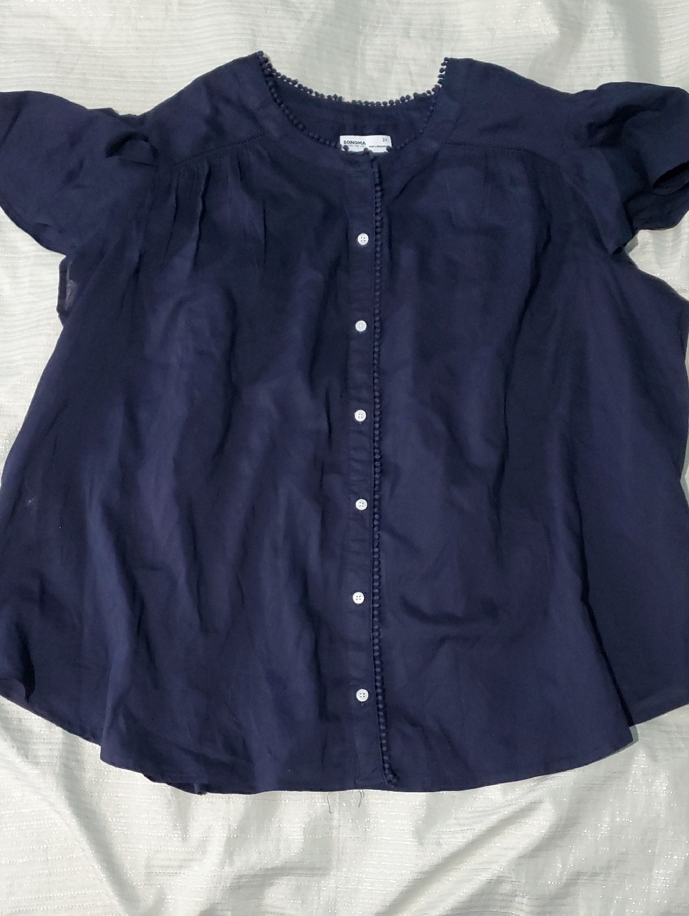 Sonoma Navy Top with Pom-Pom Trim